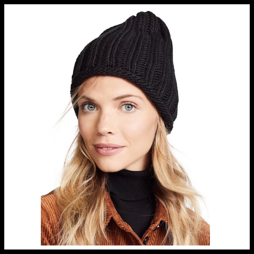 FREE PEOPLE BLACK RIB KNIT SLOUCHY BEANIE HAT A2C - Picture 2 of 8
